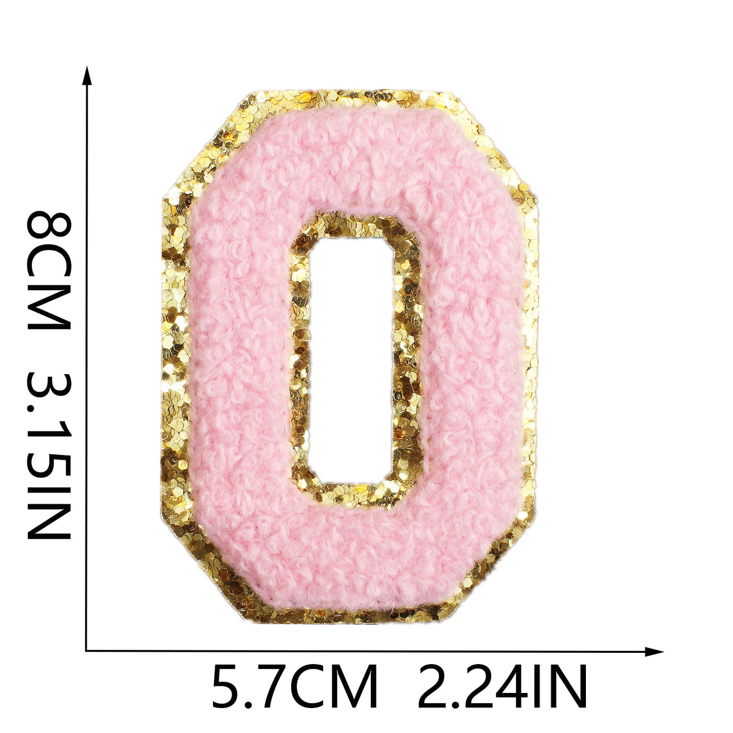 Iron-On Chenille Letter & Number Patch – 8cm Tall, Pink Letter with Gold Glitter Edge