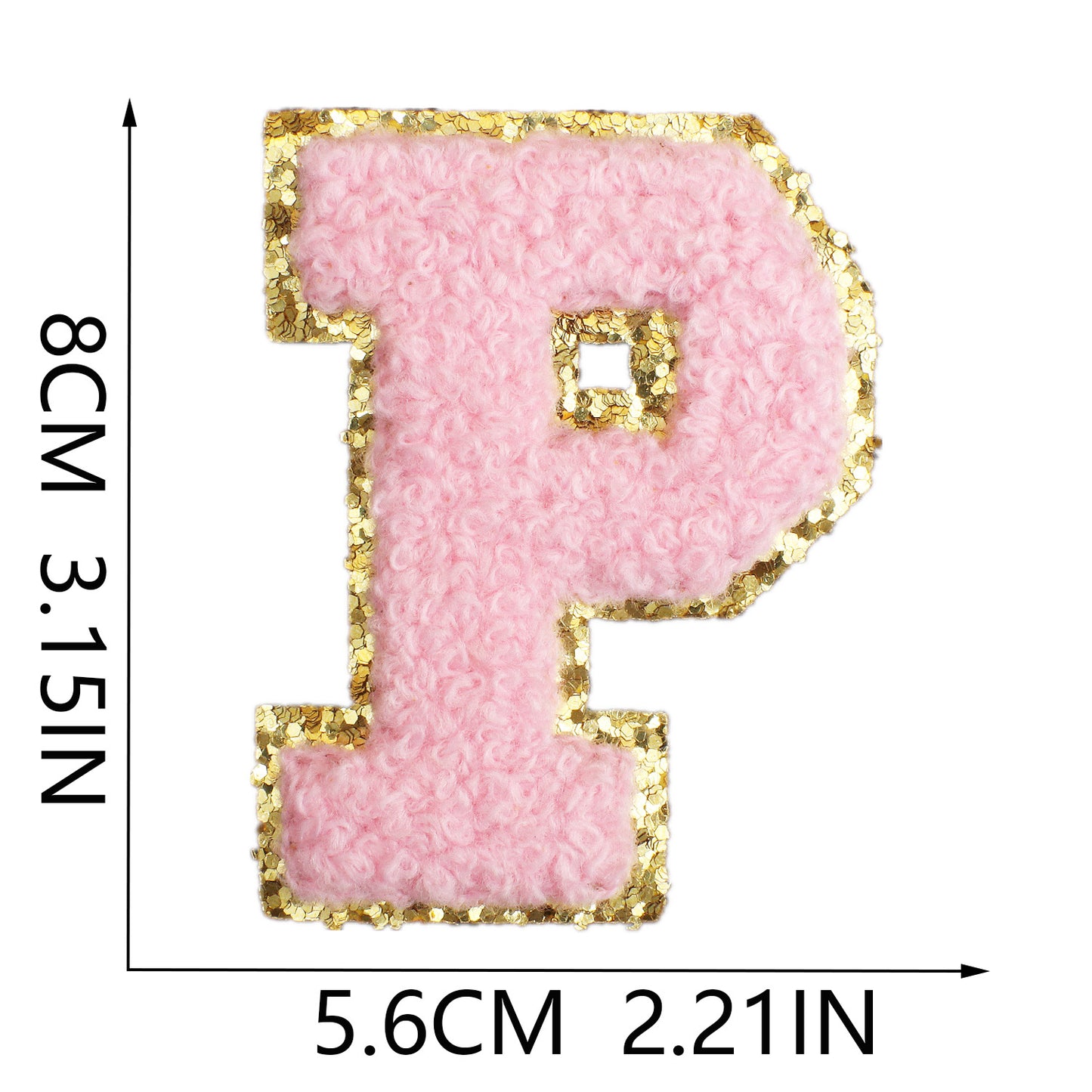 Iron-On Chenille Letter & Number Patch – 8cm Tall, Pink Letter with Gold Glitter Edge