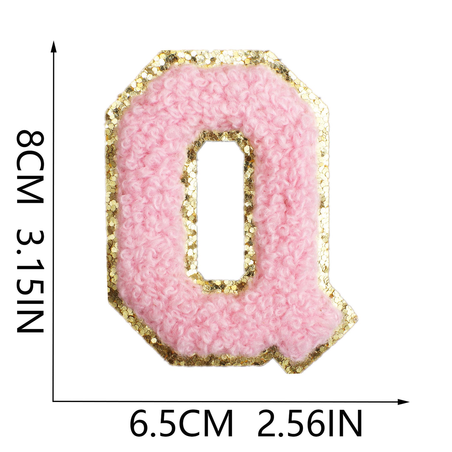 Iron-On Chenille Letter & Number Patch – 8cm Tall, Pink Letter with Gold Glitter Edge