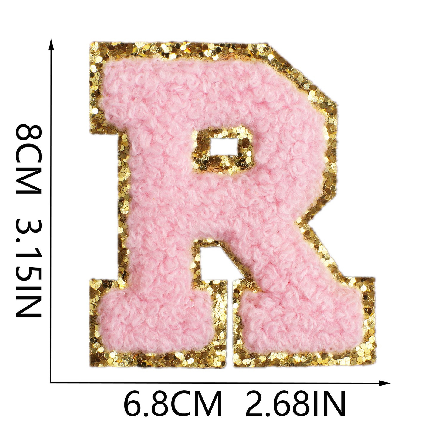 Iron-On Chenille Letter & Number Patch – 8cm Tall, Pink Letter with Gold Glitter Edge