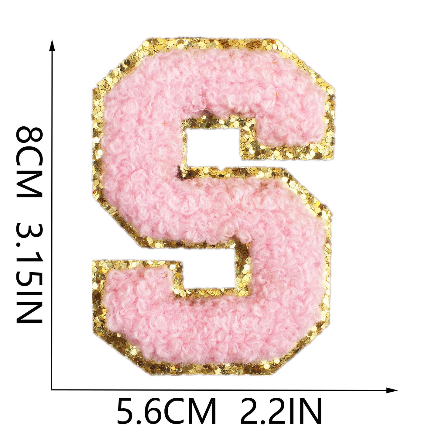 Iron-On Chenille Letter & Number Patch – 8cm Tall, Pink Letter with Gold Glitter Edge