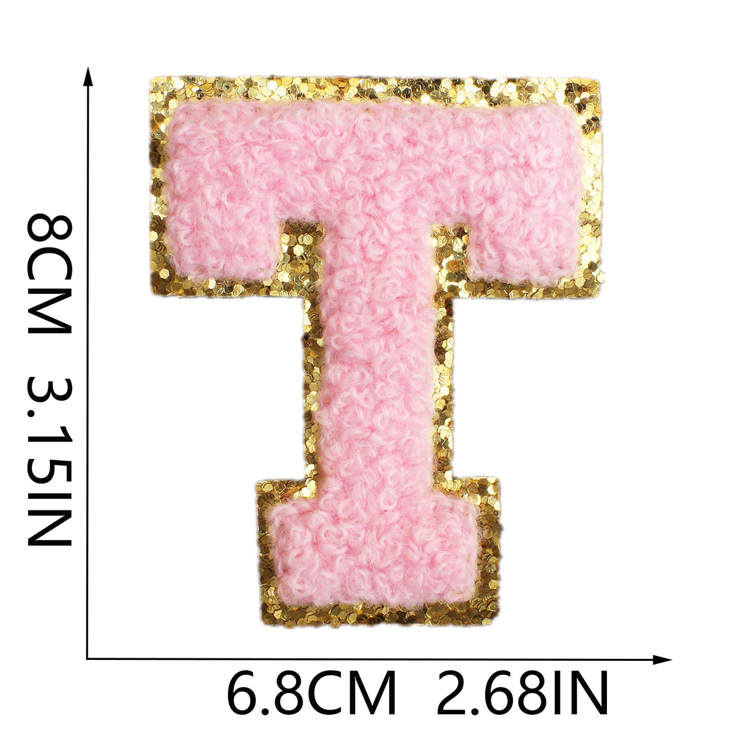 Iron-On Chenille Letter & Number Patch – 8cm Tall, Pink Letter with Gold Glitter Edge