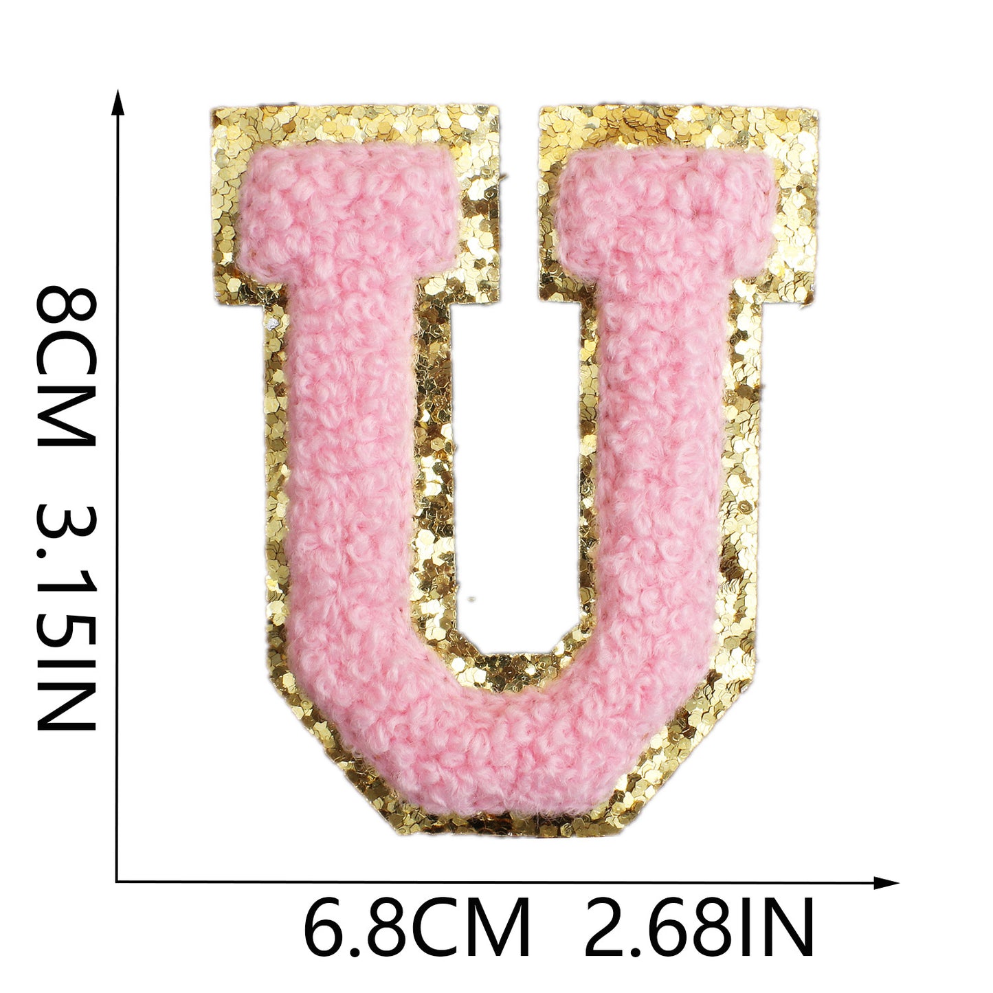 Iron-On Chenille Letter & Number Patch – 8cm Tall, Pink Letter with Gold Glitter Edge