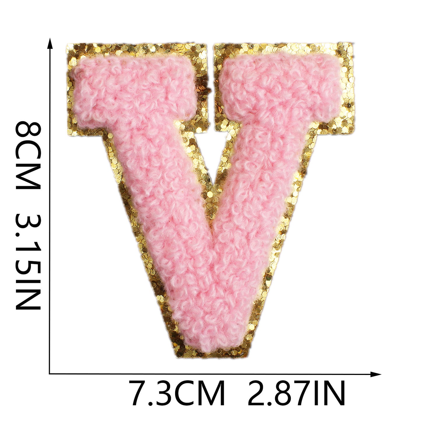 Iron-On Chenille Letter & Number Patch – 8cm Tall, Pink Letter with Gold Glitter Edge