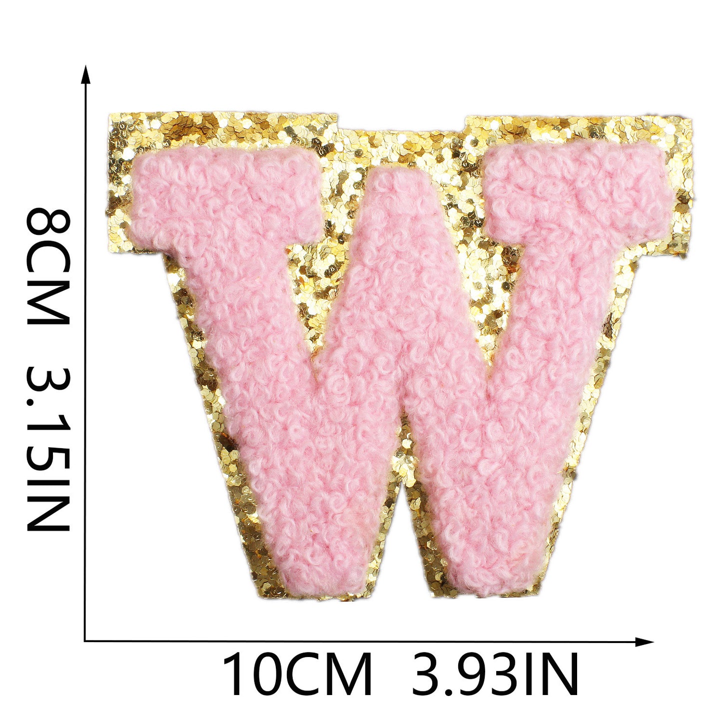 Iron-On Chenille Letter & Number Patch – 8cm Tall, Pink Letter with Gold Glitter Edge
