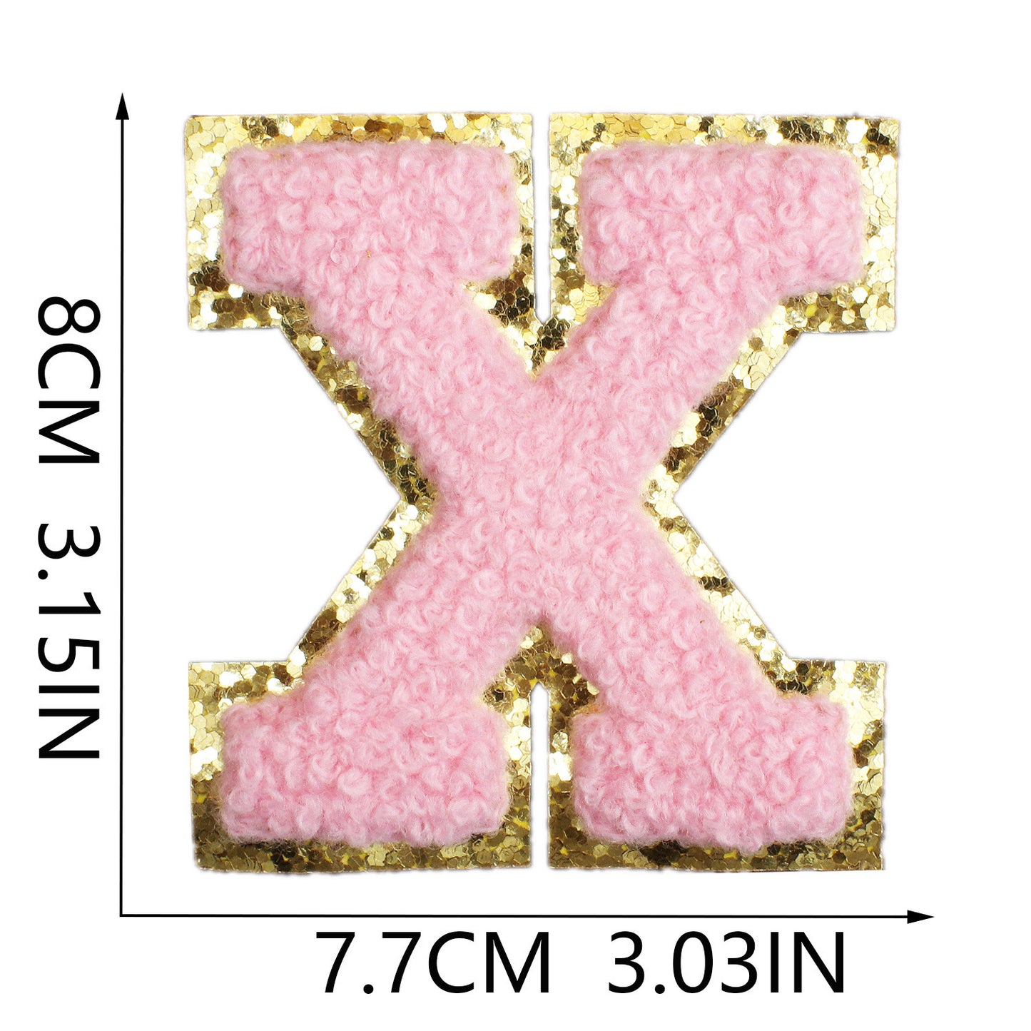 Iron-On Chenille Letter & Number Patch – 8cm Tall, Pink Letter with Gold Glitter Edge