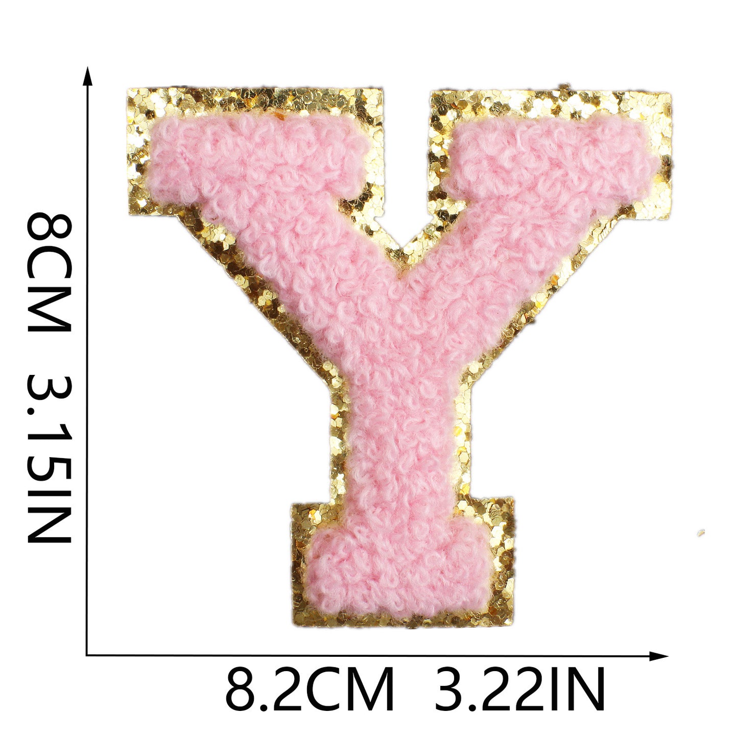 Iron-On Chenille Letter & Number Patch – 8cm Tall, Pink Letter with Gold Glitter Edge