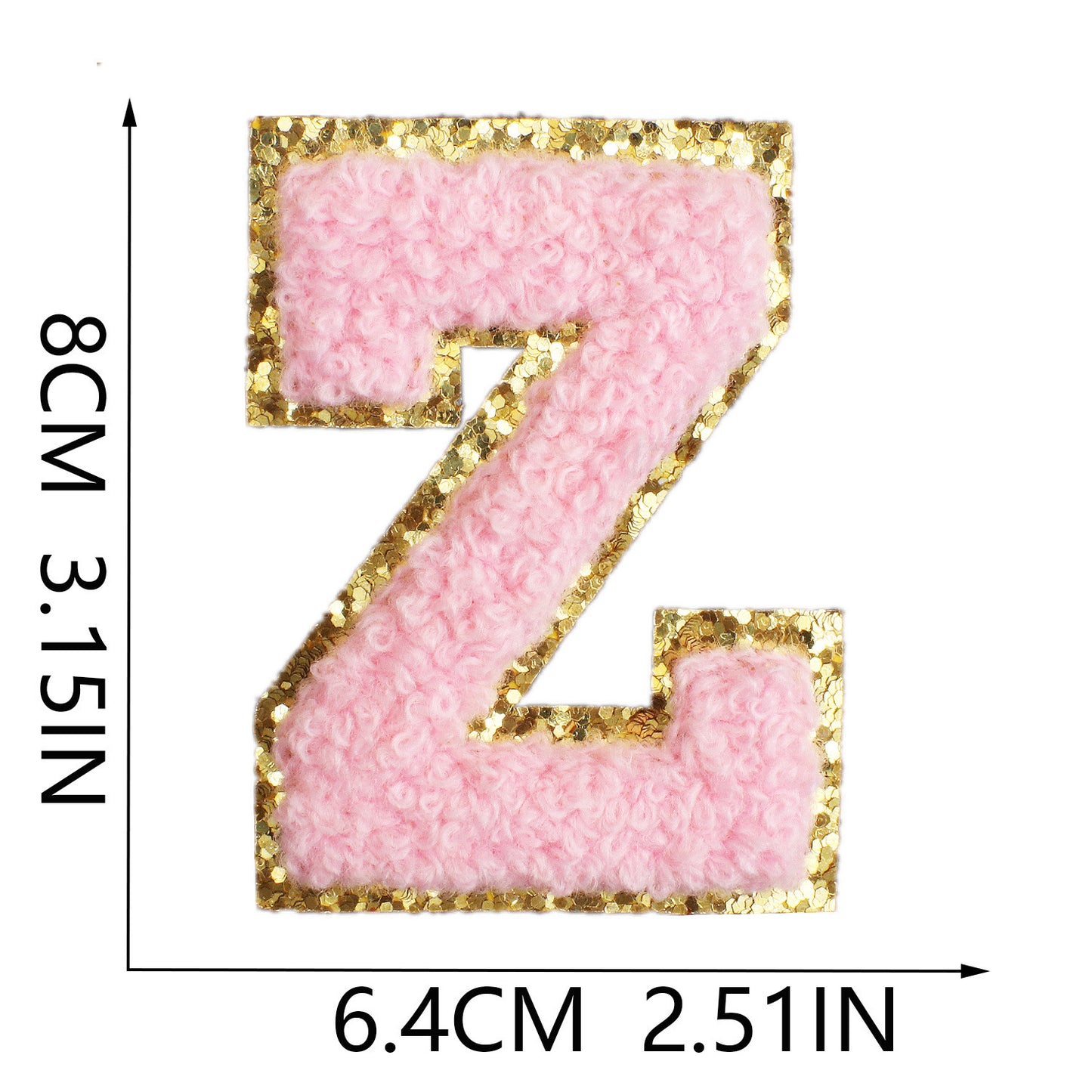 Iron-On Chenille Letter & Number Patch – 8cm Tall, Pink Letter with Gold Glitter Edge