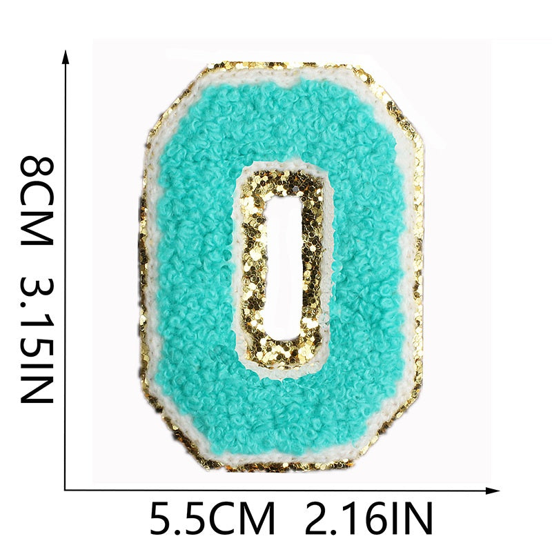 Iron-On Chenille Letter & Number Patch – 8cm Tall, Aqua Blue Letter with Gold Glitter Edge
