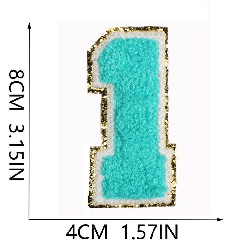 Iron-On Chenille Letter & Number Patch – 8cm Tall, Aqua Blue Letter with Gold Glitter Edge