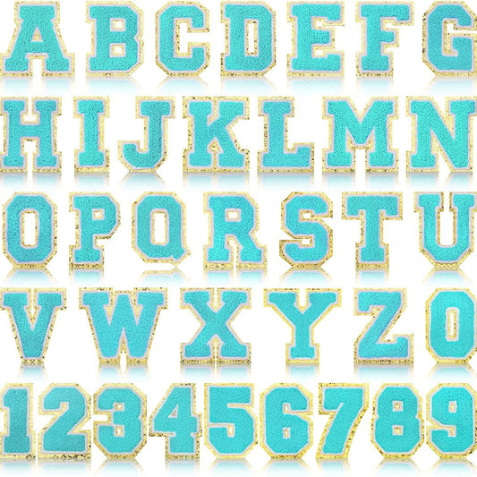 Iron-On Chenille Letter & Number Patch – 8cm Tall, Aqua Blue Letter with Gold Glitter Edge