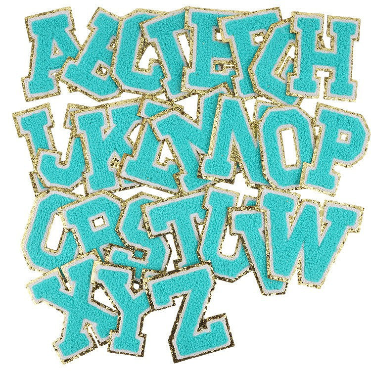 Iron-On Chenille Letter & Number Patch – 8cm Tall, Aqua Blue Letter with Gold Glitter Edge