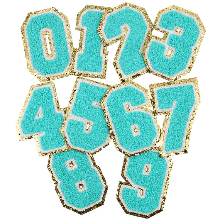 Iron-On Chenille Letter & Number Patch – 8cm Tall, Aqua Blue Letter with Gold Glitter Edge