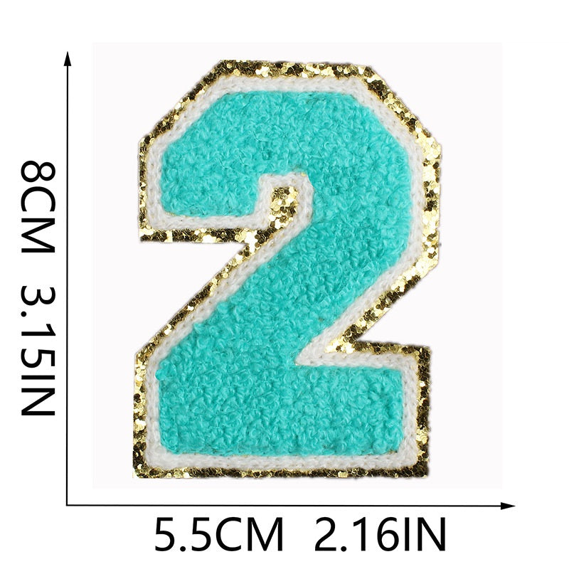 Iron-On Chenille Letter & Number Patch – 8cm Tall, Aqua Blue Letter with Gold Glitter Edge