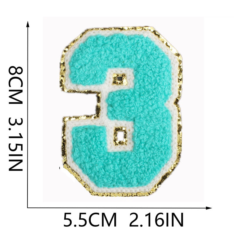 Iron-On Chenille Letter & Number Patch – 8cm Tall, Aqua Blue Letter with Gold Glitter Edge