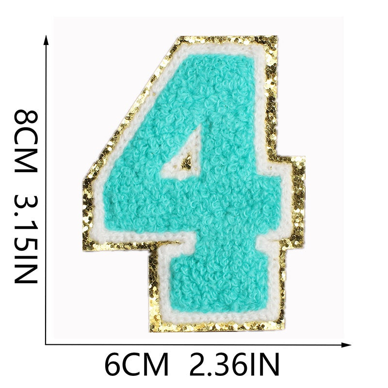 Iron-On Chenille Letter & Number Patch – 8cm Tall, Aqua Blue Letter with Gold Glitter Edge