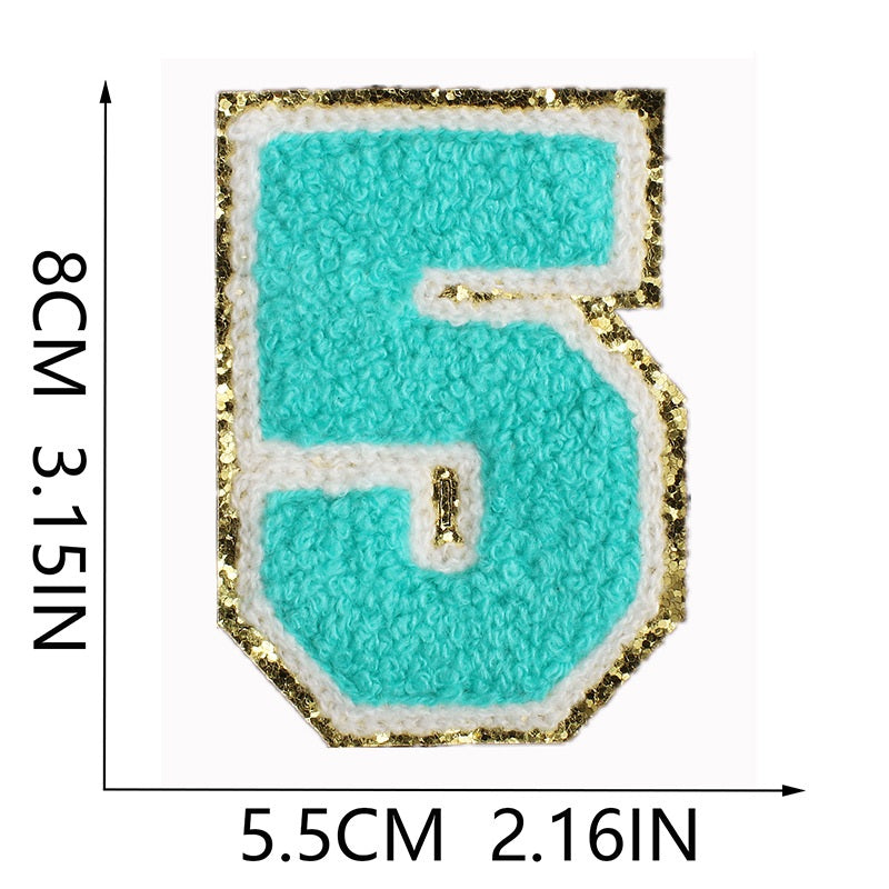 Iron-On Chenille Letter & Number Patch – 8cm Tall, Aqua Blue Letter with Gold Glitter Edge