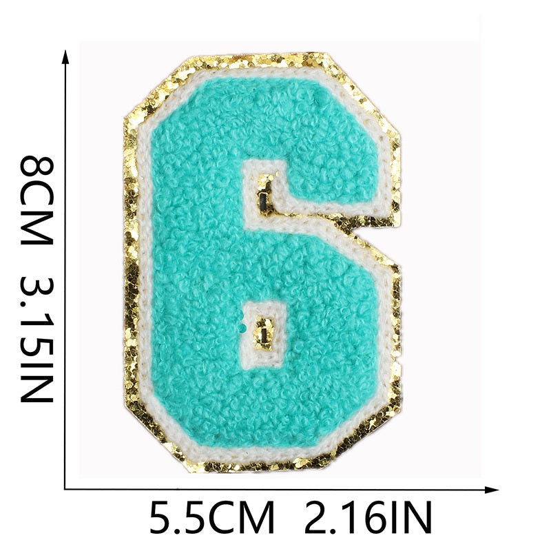 Iron-On Chenille Letter & Number Patch – 8cm Tall, Aqua Blue Letter with Gold Glitter Edge