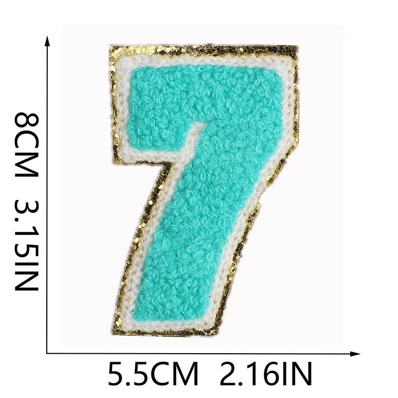 Iron-On Chenille Letter & Number Patch – 8cm Tall, Aqua Blue Letter with Gold Glitter Edge
