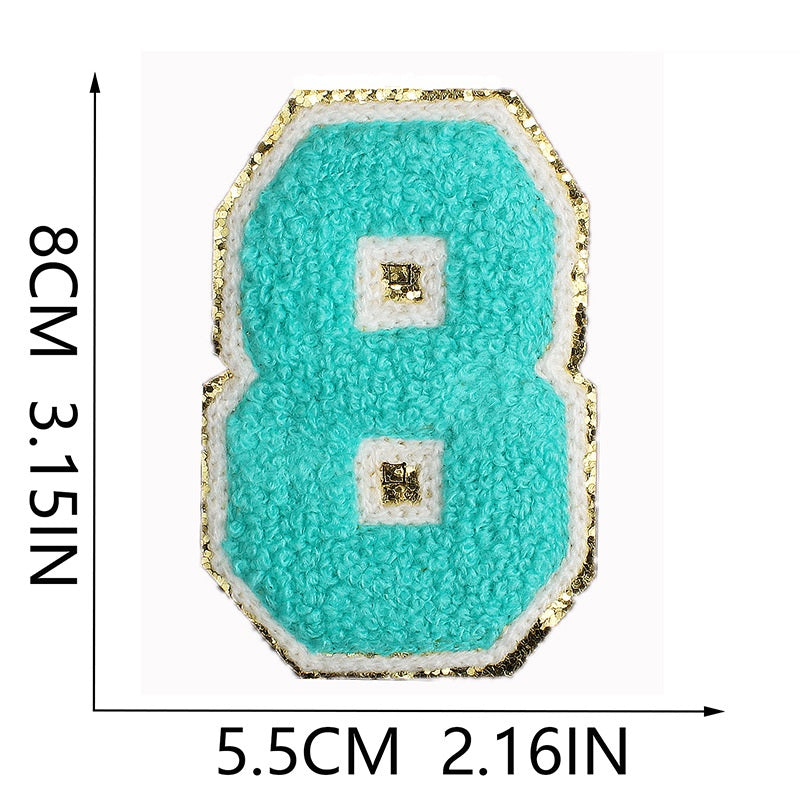 Iron-On Chenille Letter & Number Patch – 8cm Tall, Aqua Blue Letter with Gold Glitter Edge