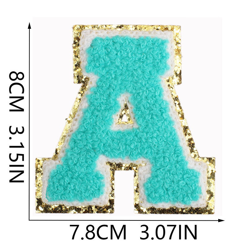 Iron-On Chenille Letter & Number Patch – 8cm Tall, Aqua Blue Letter with Gold Glitter Edge