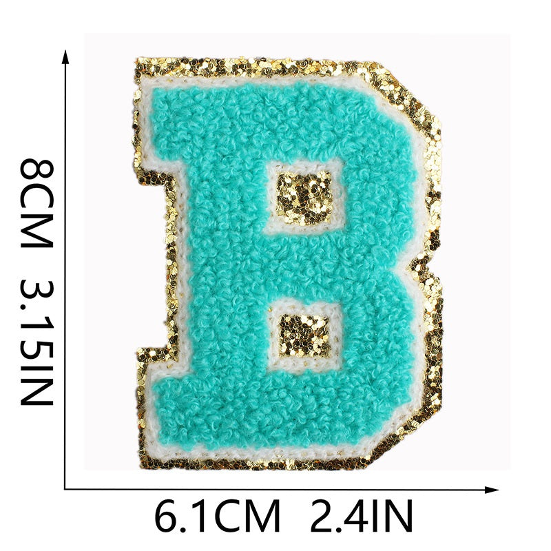 Iron-On Chenille Letter & Number Patch – 8cm Tall, Aqua Blue Letter with Gold Glitter Edge