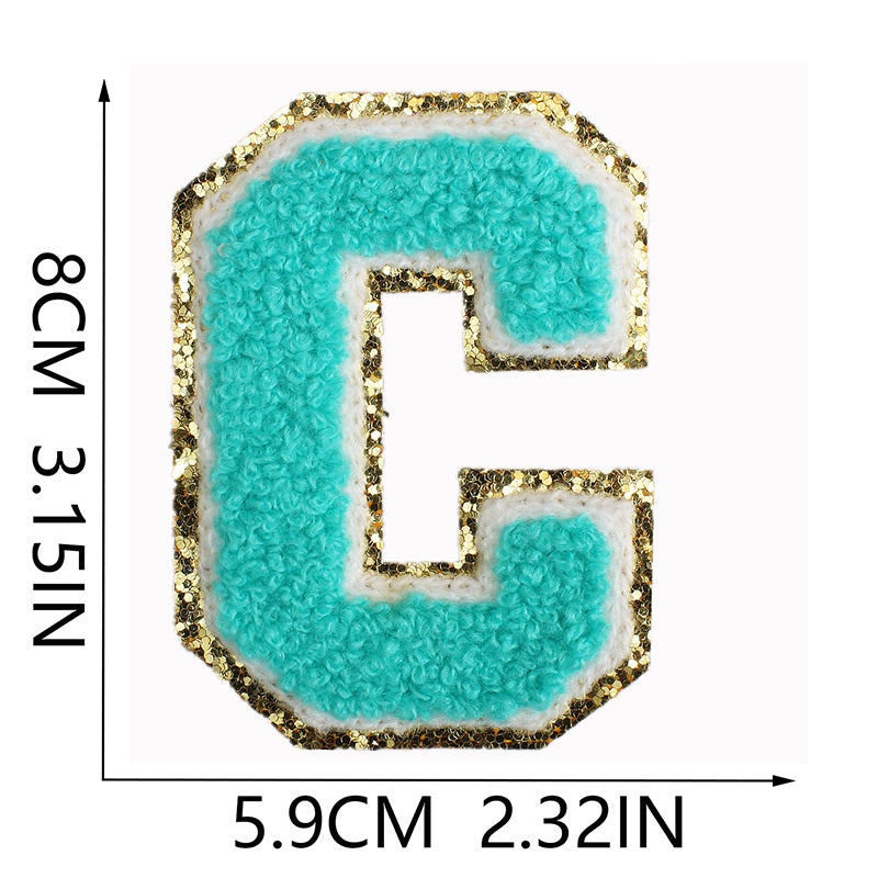 Iron-On Chenille Letter & Number Patch – 8cm Tall, Aqua Blue Letter with Gold Glitter Edge
