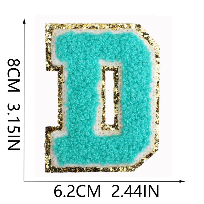 Iron-On Chenille Letter & Number Patch – 8cm Tall, Aqua Blue Letter with Gold Glitter Edge