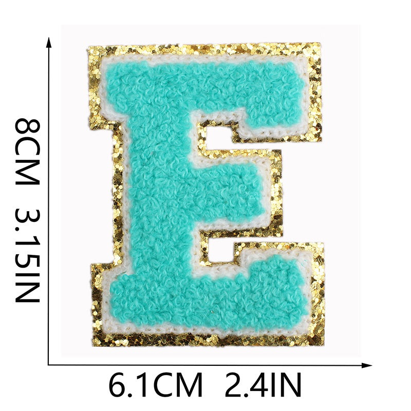 Iron-On Chenille Letter & Number Patch – 8cm Tall, Aqua Blue Letter with Gold Glitter Edge