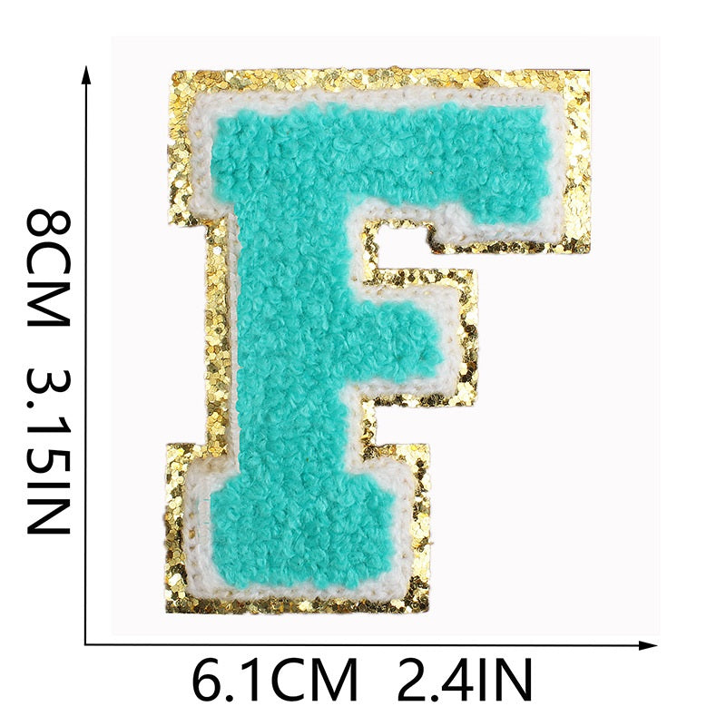 Iron-On Chenille Letter & Number Patch – 8cm Tall, Aqua Blue Letter with Gold Glitter Edge