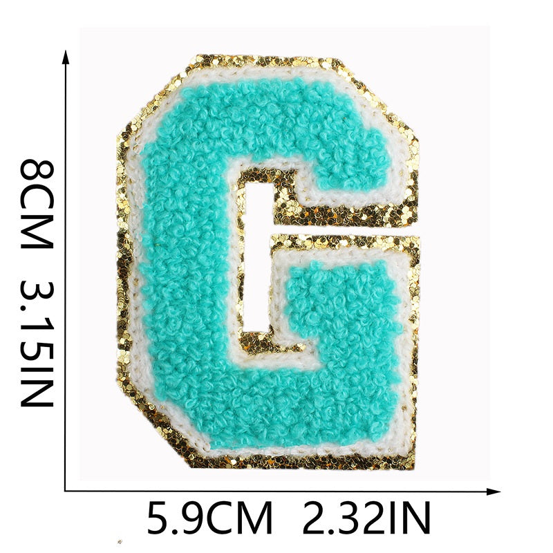 Iron-On Chenille Letter & Number Patch – 8cm Tall, Aqua Blue Letter with Gold Glitter Edge