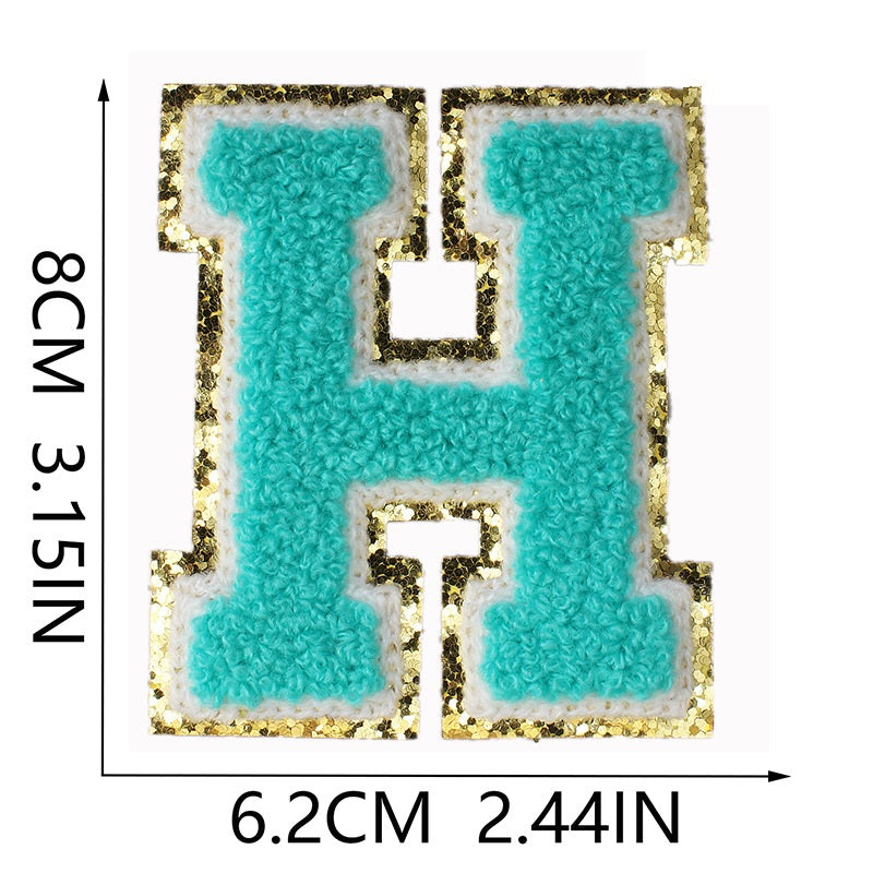 Iron-On Chenille Letter & Number Patch – 8cm Tall, Aqua Blue Letter with Gold Glitter Edge