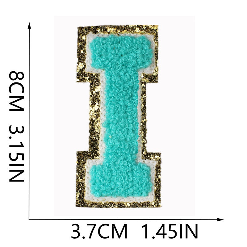Iron-On Chenille Letter & Number Patch – 8cm Tall, Aqua Blue Letter with Gold Glitter Edge