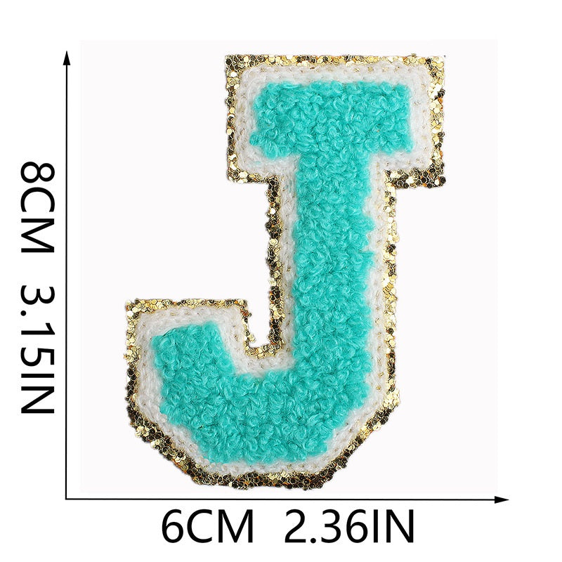 Iron-On Chenille Letter & Number Patch – 8cm Tall, Aqua Blue Letter with Gold Glitter Edge