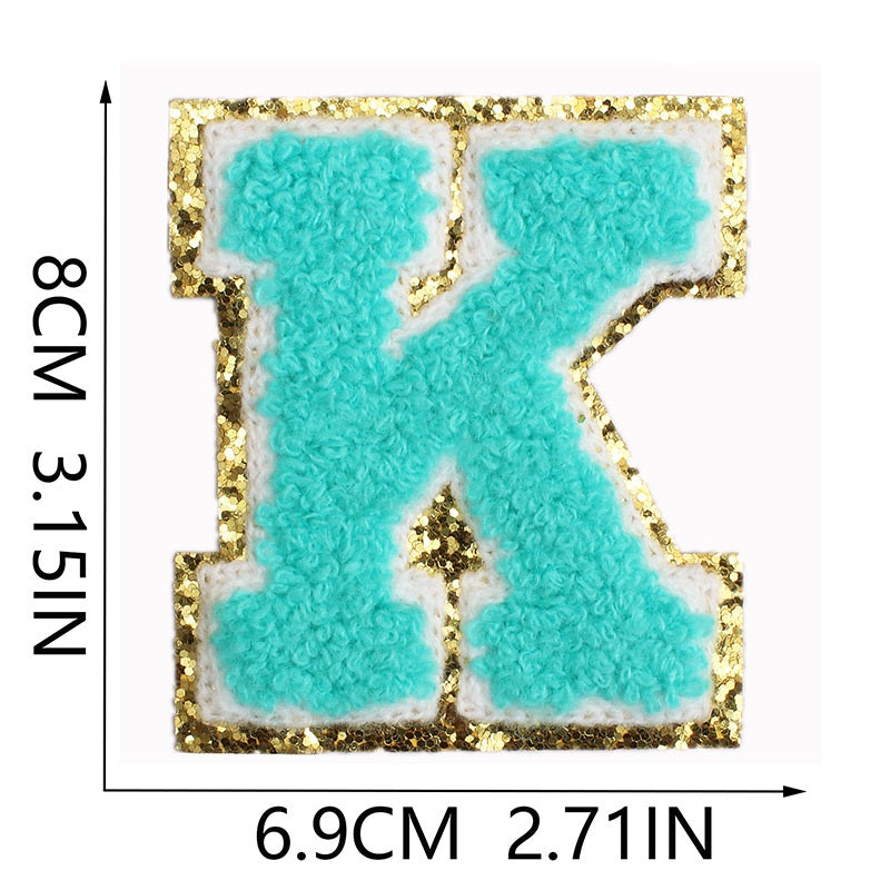 Iron-On Chenille Letter & Number Patch – 8cm Tall, Aqua Blue Letter with Gold Glitter Edge