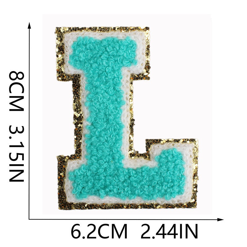 Iron-On Chenille Letter & Number Patch – 8cm Tall, Aqua Blue Letter with Gold Glitter Edge