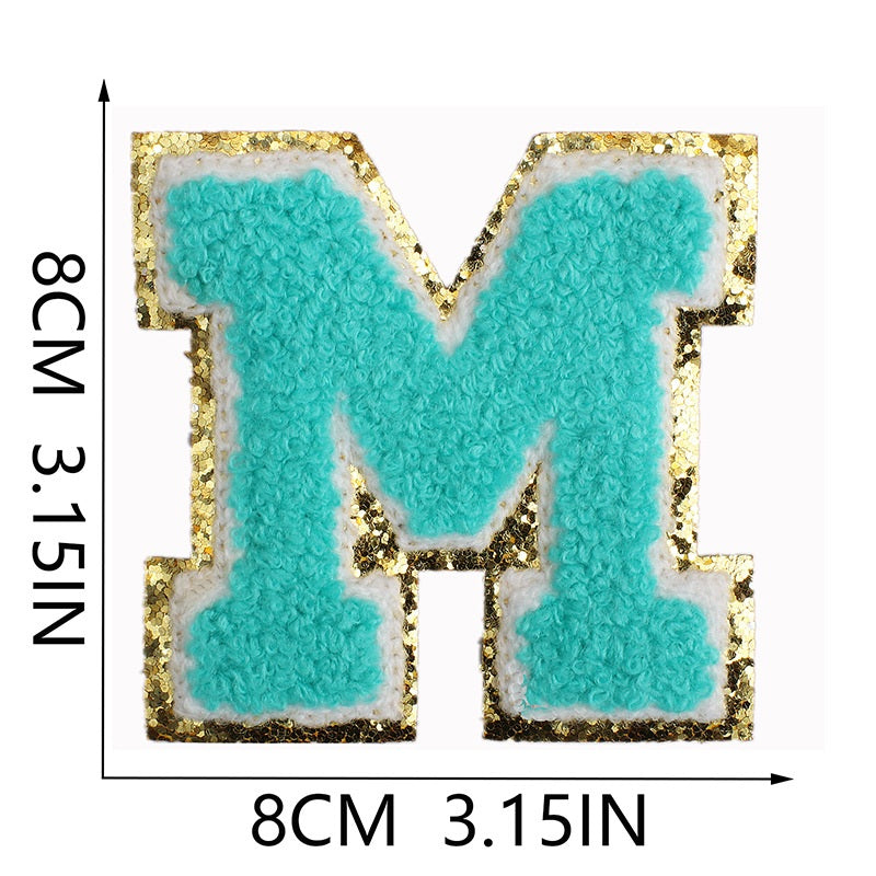 Iron-On Chenille Letter & Number Patch – 8cm Tall, Aqua Blue Letter with Gold Glitter Edge