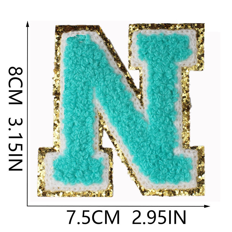 Iron-On Chenille Letter & Number Patch – 8cm Tall, Aqua Blue Letter with Gold Glitter Edge