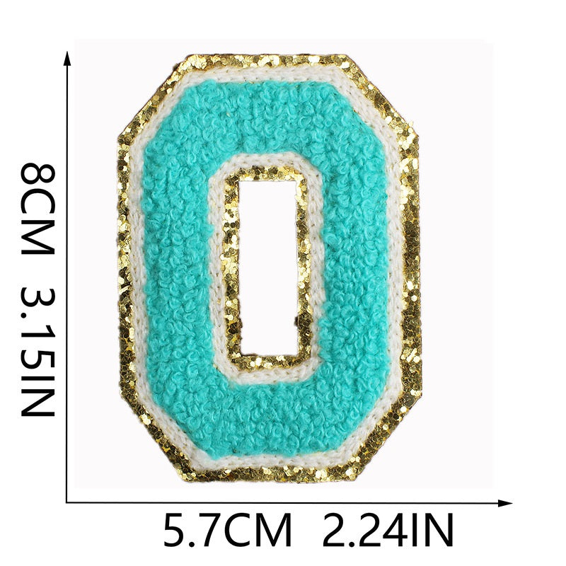 Iron-On Chenille Letter & Number Patch – 8cm Tall, Aqua Blue Letter with Gold Glitter Edge