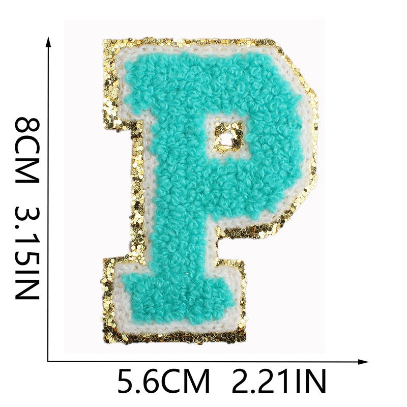 Iron-On Chenille Letter & Number Patch – 8cm Tall, Aqua Blue Letter with Gold Glitter Edge