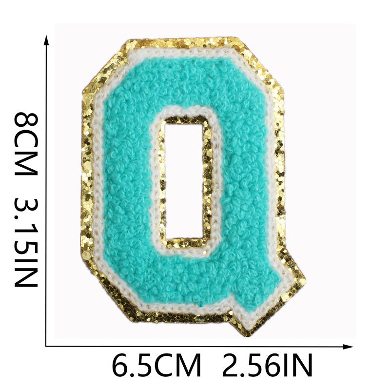 Iron-On Chenille Letter & Number Patch – 8cm Tall, Aqua Blue Letter with Gold Glitter Edge