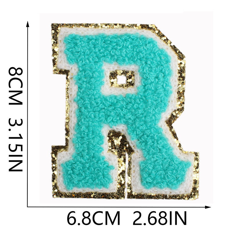 Iron-On Chenille Letter & Number Patch – 8cm Tall, Aqua Blue Letter with Gold Glitter Edge