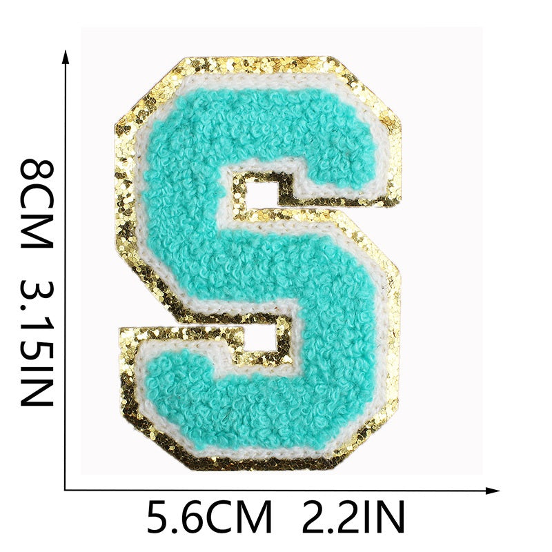 Iron-On Chenille Letter & Number Patch – 8cm Tall, Aqua Blue Letter with Gold Glitter Edge