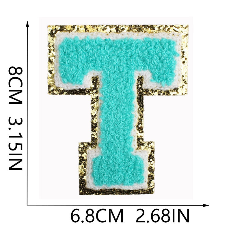 Iron-On Chenille Letter & Number Patch – 8cm Tall, Aqua Blue Letter with Gold Glitter Edge