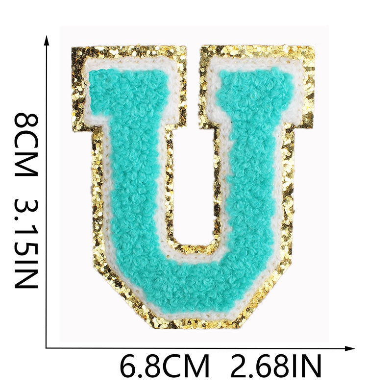 Iron-On Chenille Letter & Number Patch – 8cm Tall, Aqua Blue Letter with Gold Glitter Edge