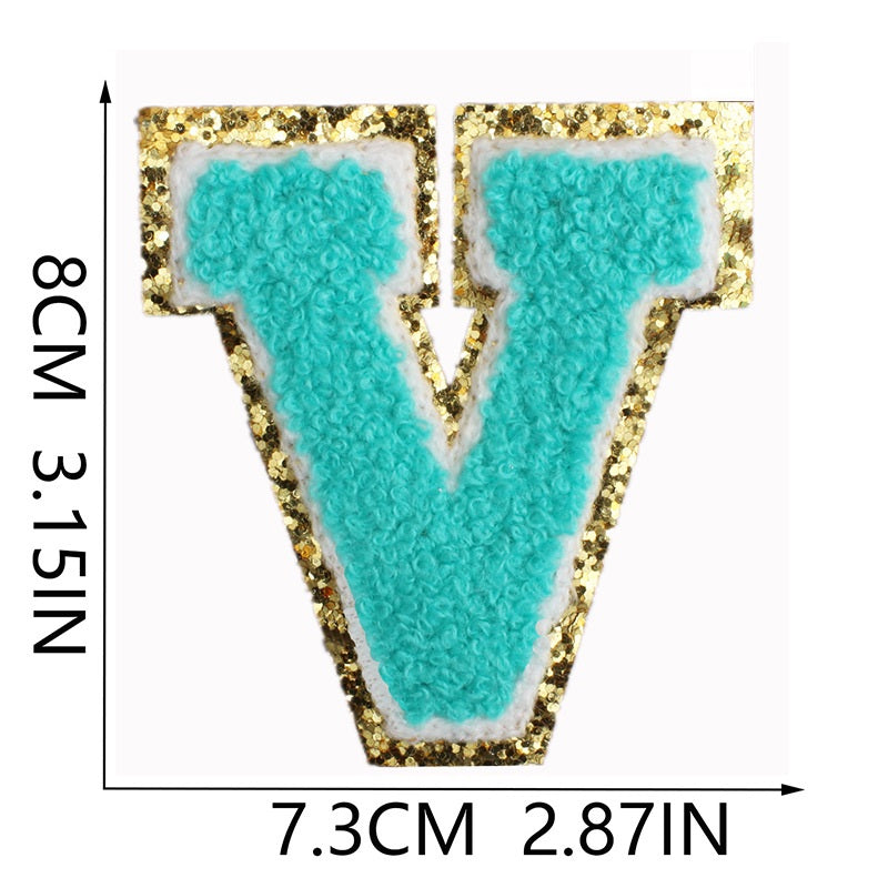 Iron-On Chenille Letter & Number Patch – 8cm Tall, Aqua Blue Letter with Gold Glitter Edge