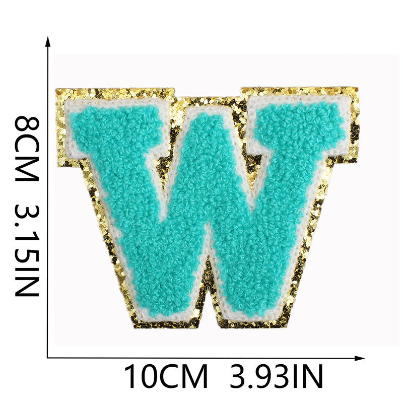 Iron-On Chenille Letter & Number Patch – 8cm Tall, Aqua Blue Letter with Gold Glitter Edge