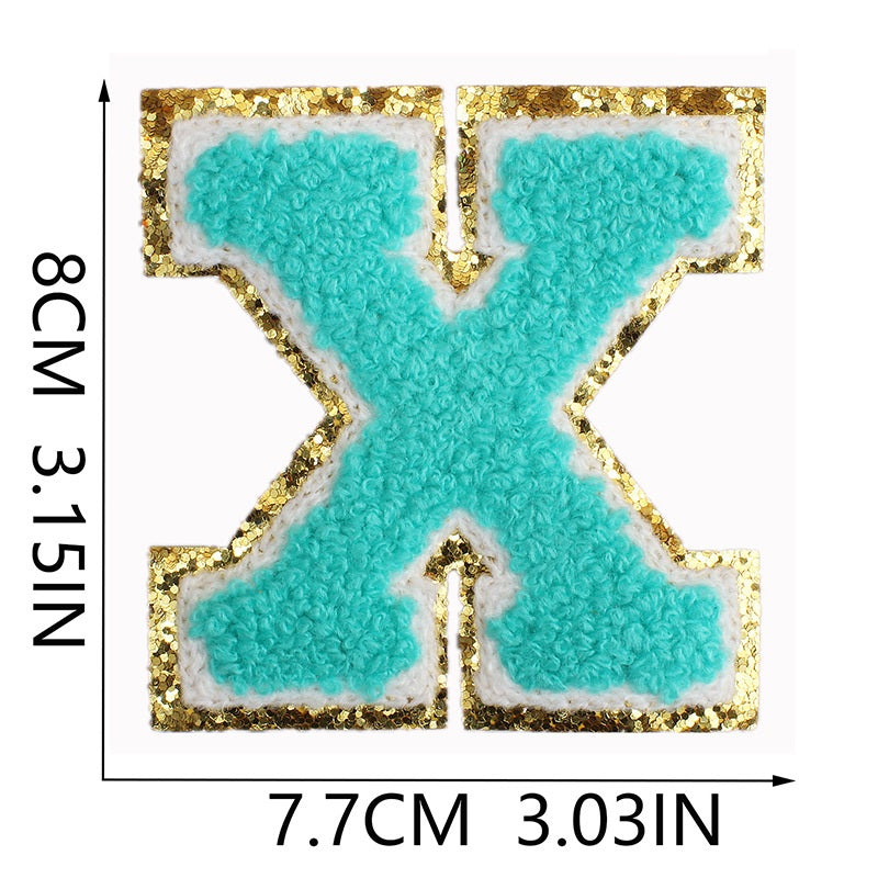 Iron-On Chenille Letter & Number Patch – 8cm Tall, Aqua Blue Letter with Gold Glitter Edge