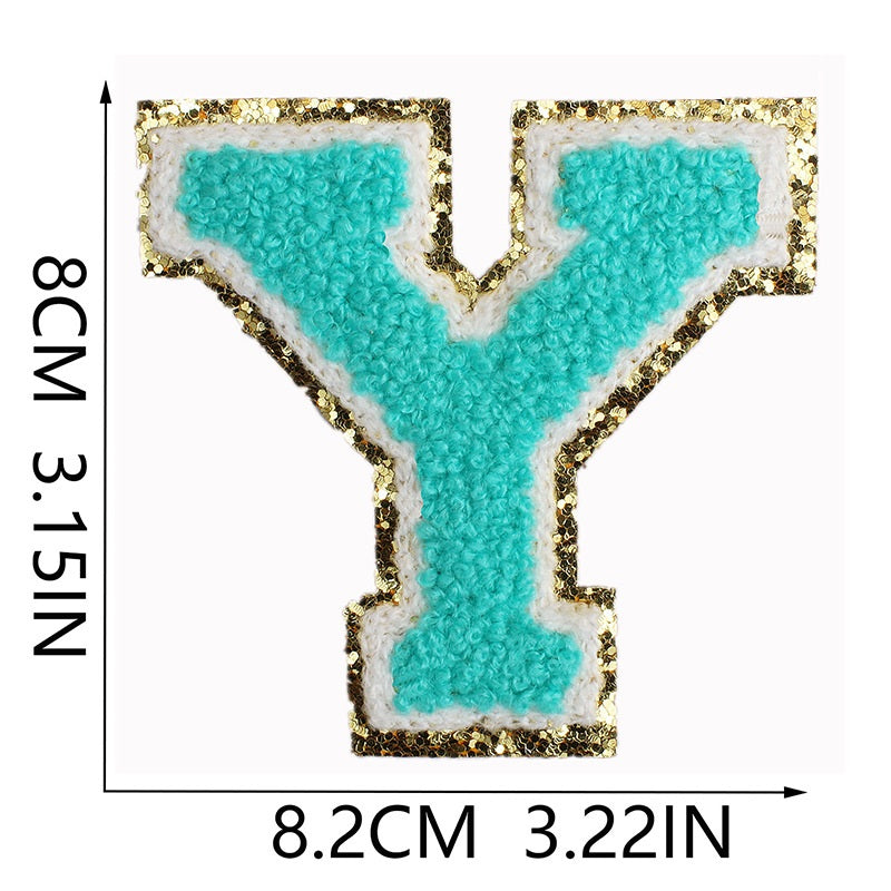 Iron-On Chenille Letter & Number Patch – 8cm Tall, Aqua Blue Letter with Gold Glitter Edge