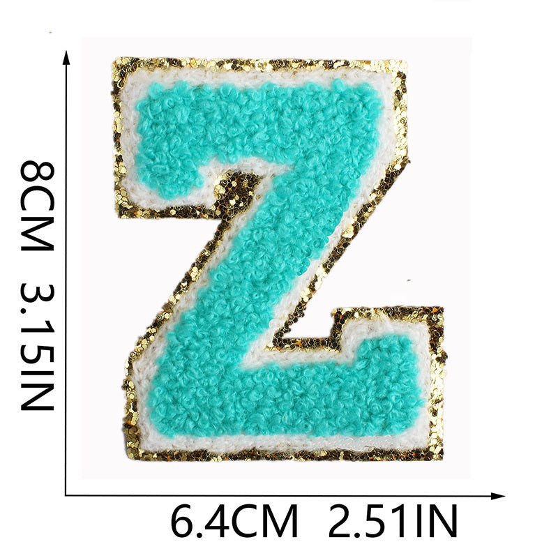 Iron-On Chenille Letter & Number Patch – 8cm Tall, Aqua Blue Letter with Gold Glitter Edge